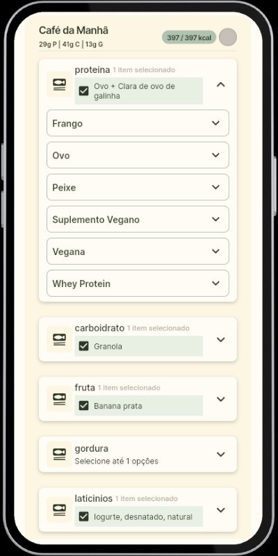 Tela de seleção de alimentos por categoria de macro com curadoria nutricional inteligente